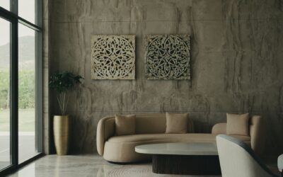 Elegant living room featuring a curved sofa, textured walls, and natural light streaming through large windows.